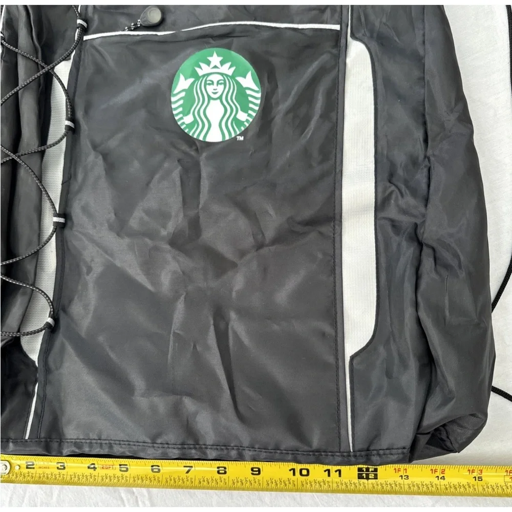 Starbucks Logo Drawstring Backpack Cinch Bag Gym Black Reflective Bungee ￼￼